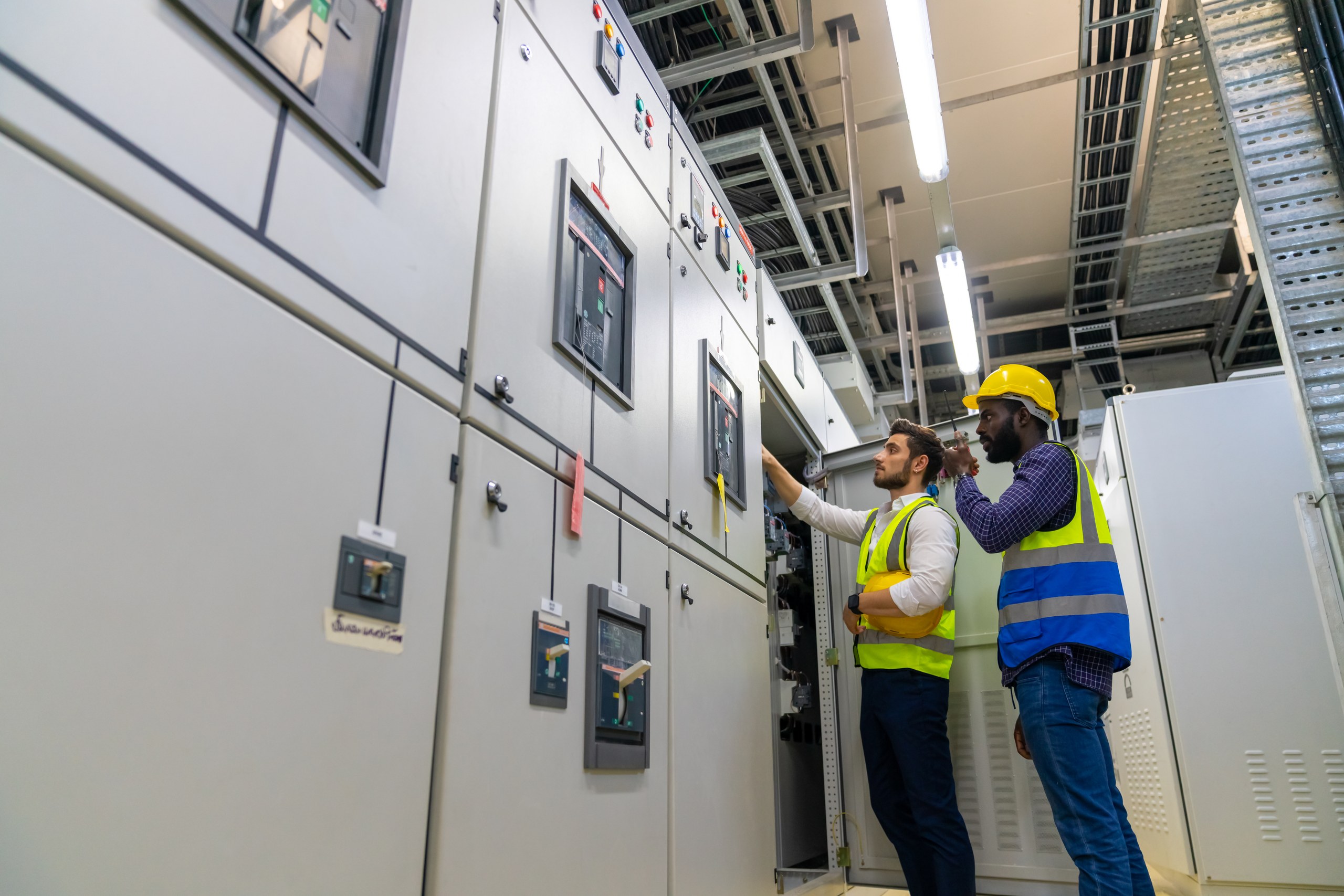 Engineers reviewing electrical distribution panels in a data centre power room