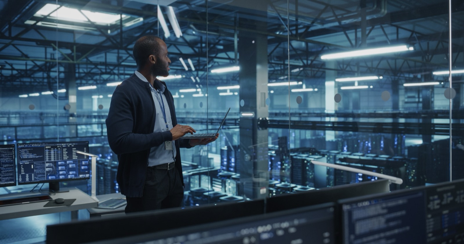 Rows of server racks in a data centre hall, bonded to a common earthing system