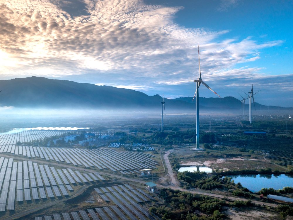 A combined wind and solar renewable-energy site.
